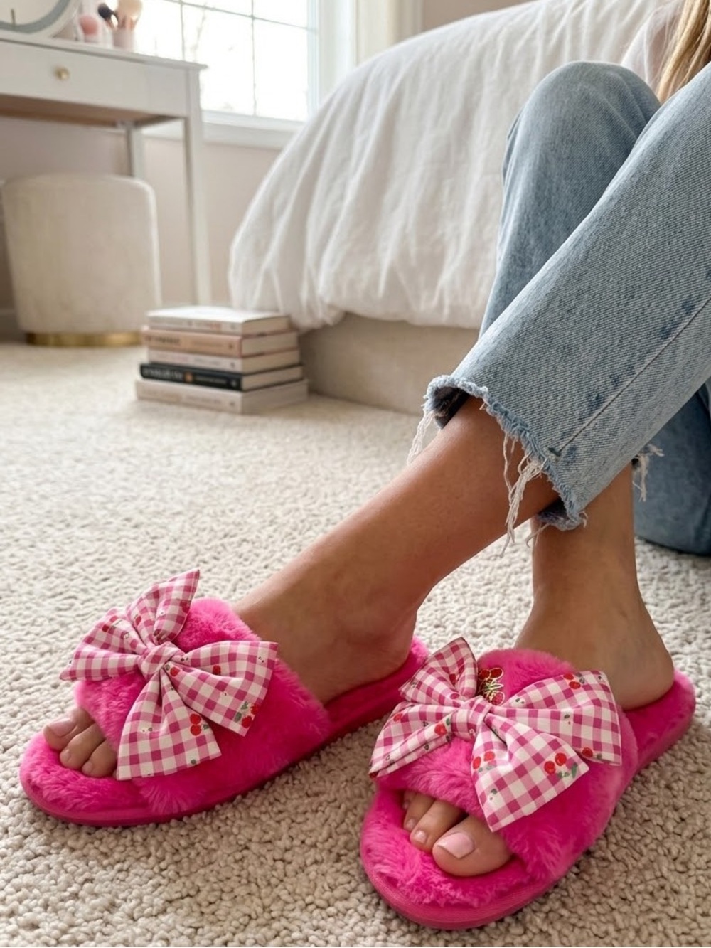 Juicy Couture Wome Hot Pink Plush Slide Slippers with Gingham Bow & Cherry Charm